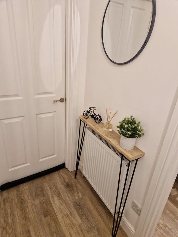 Wooden Radiator shelf with hairpin legs